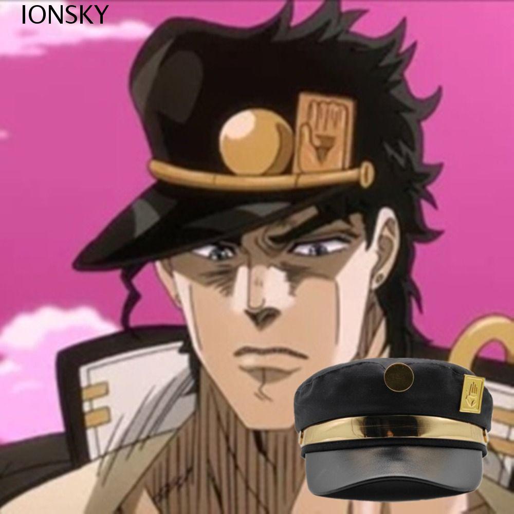 IONSKY Kujo Jotaro หมวกแบน.Cosplay ป้ายโลหะ, Hip-hop Gothic Style, PU หนังสีดำสำหรับผู้หญิง