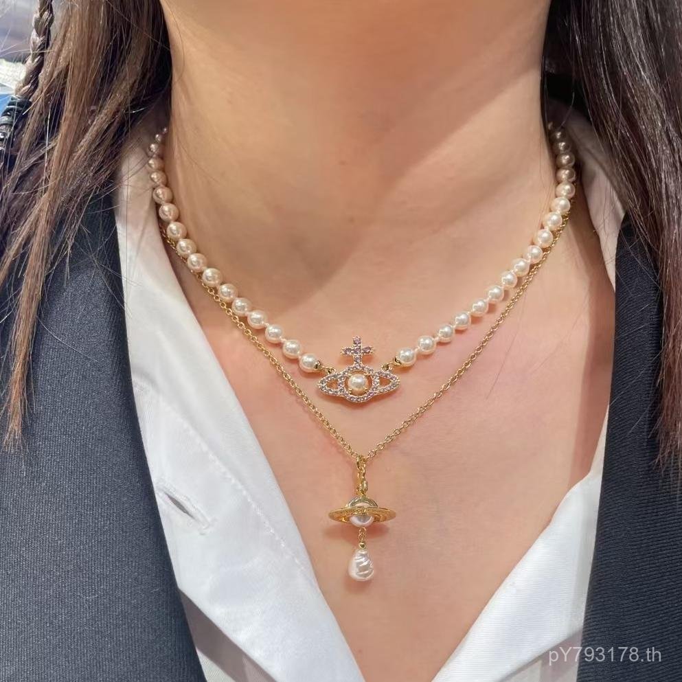 สร้อยคอลานเมอร์สไตล์ใหม่พร้อมมุกสาวดาวเสาร์สามมิติและโซ่กระดูกไหปลาร้า CTQ5