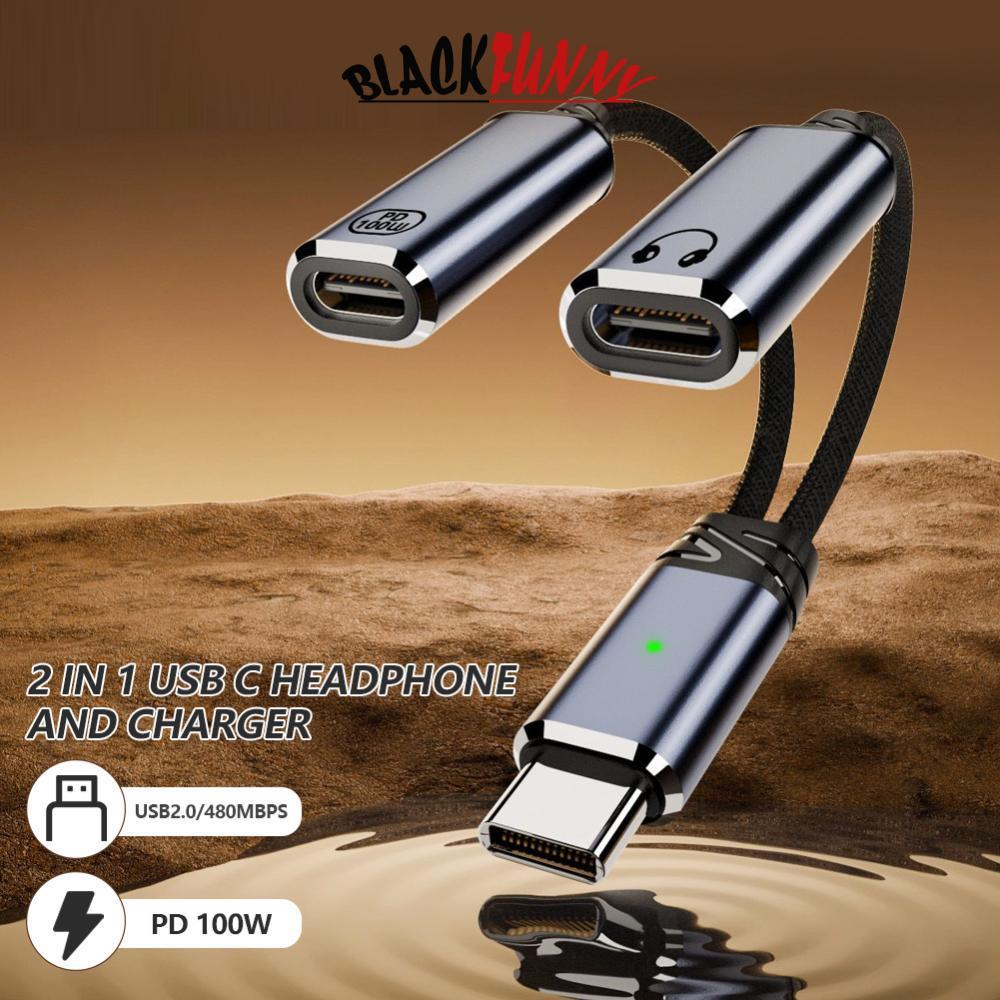 BLACKFUNNY 2 in 1 Type-C หูฟังและอะแดปเตอร์ชาร์จ Type-C ถึง Aux Audio Jack พร้อม PD 100W Fast Chargi