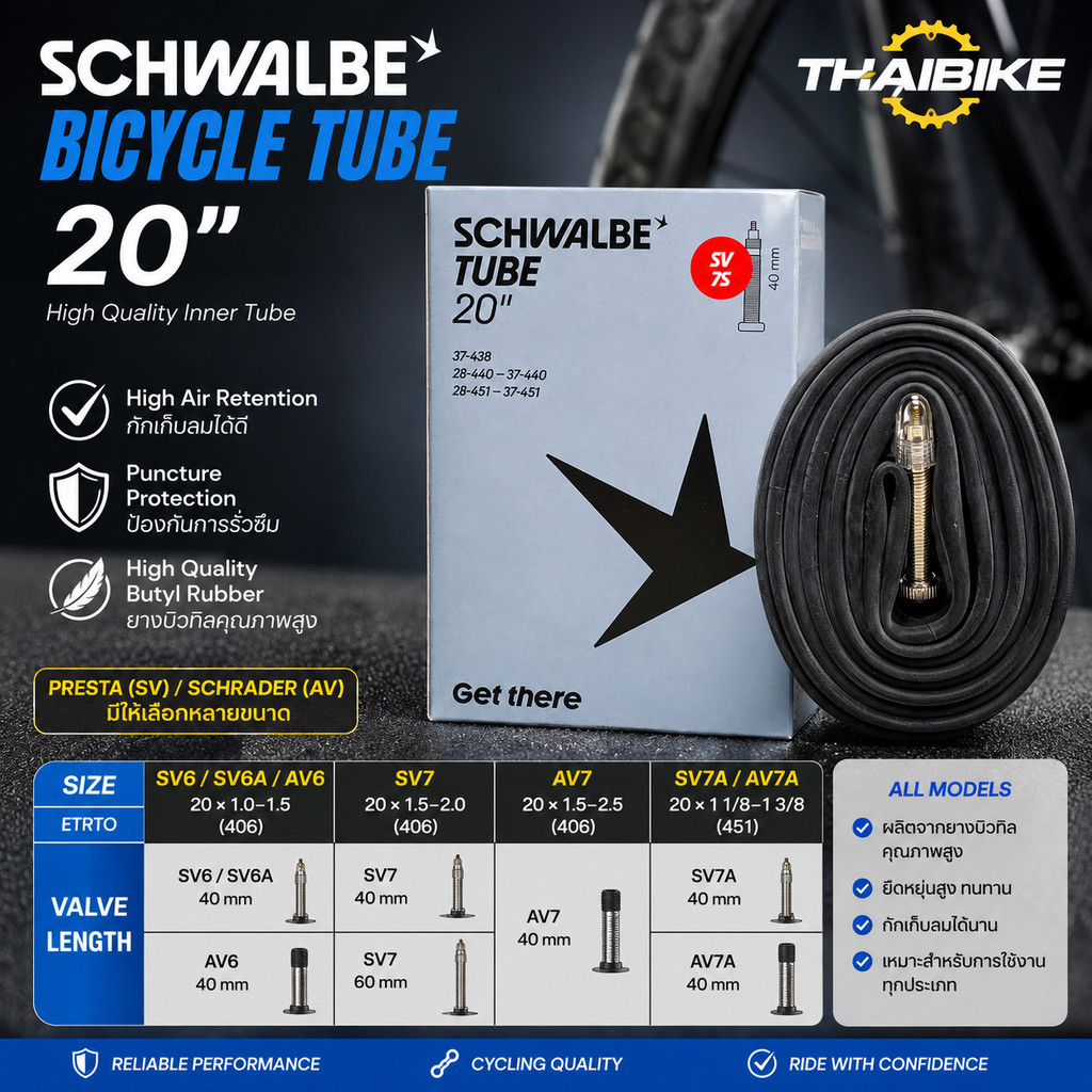 ยางในจักรยาน SCHWALBE 20x1 1/8-1 3/8 (451) 20X1-2.0(406) AV7A SV7A SV6 SV6A SV7S