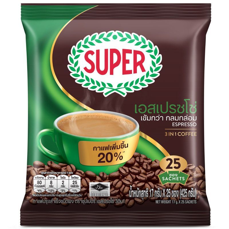 ซุปเปอร์เอสเปรซโซ่กาแฟปรุงสำเร็จชนิดผง 17กรัม แพค 25ซอง Super Espresso 17gX25 [หมายเลขบาร์โค้ด 8888240052025]