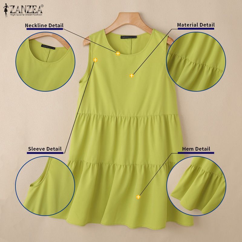 ZANZEA ผู้หญิงฤดูร้อนเกาหลีวันหยุดสบายๆลูกเรือคอแขนกุด Ruffles Splicing A-Line Tank Dresses — صورة 7