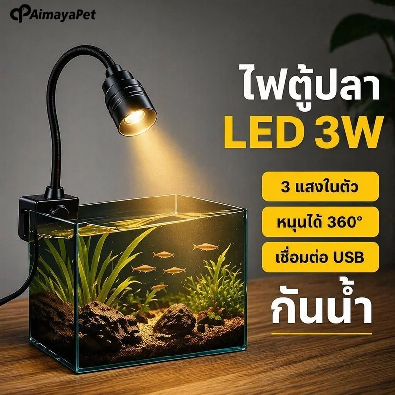 AimayaPet โคมไฟตู้ปลา LED USB 3W หนีบขอบตู้ กันน้ำ หมุน 360 ปรับมุมลำแสง 3 โหมด ไฟไม้น้ำ