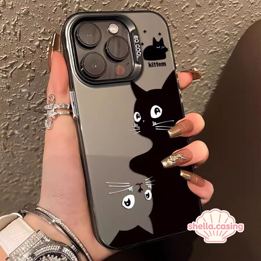 เคสไอโฟน11 สีดำหรูหราซิลิโคนแข็งกรณีโทรศัพท์ แมวสีดำแมวสีขาว For IPhone 13 12 7Plus 14 15 11 Pro MAX 8 7 6 Plus X XR XS