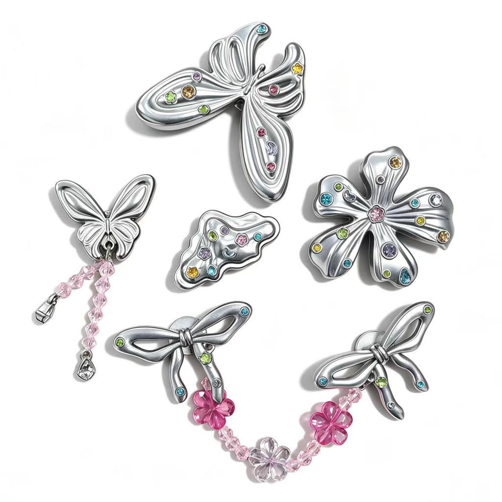INS Elegant Matte Silver Diamond-encrusted 3D Flower Butterfly Clog Charm Set