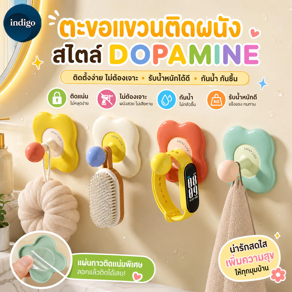 4pcs ตะขอติดผนัง ตะขอพลังช้าง ตะขออเนกประสงค์ ที่แขวนรูปดอกไม้สุดสร้างสรรค์ กาวด้วยตนเอง โดยไม่ต้องเจาะ รับน้ำหนักได้สูง