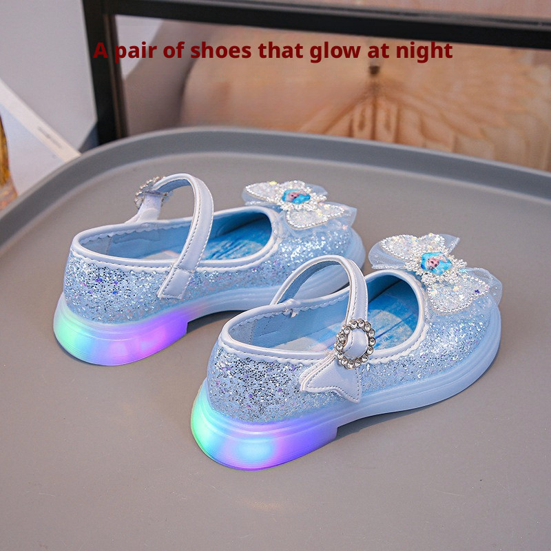 เด็กผู้หญิง Elsa Glitter Mary Jane รองเท้า LED Light Up ยางนุ่มการ์ตูนชุดเจ้าหญิงรองเท้า