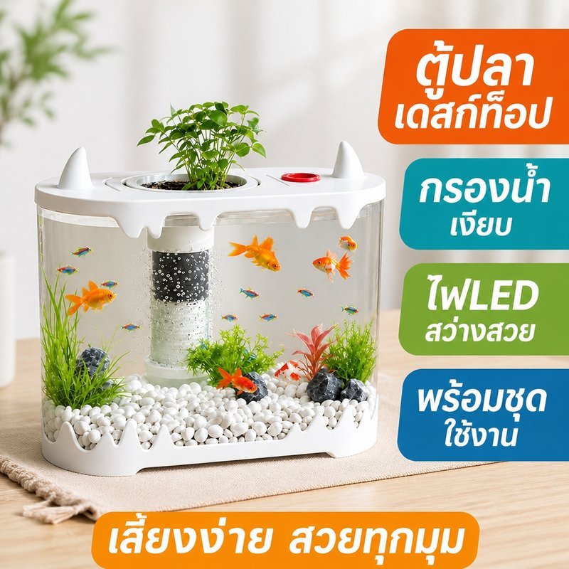 ตู้ปลาเดสก์ท็อป ใส ไฟ Led ปั๊มเงียบ ระบบกรองน้ำ อัตโนมัติ ฝาปิดกันกระโดด เลี้ยงปลา กุ้ง พืชน้ำ