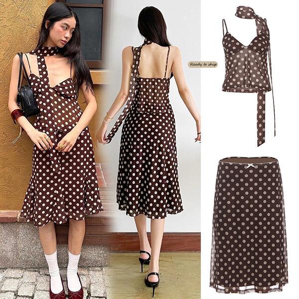 MIMI-[สินค้าพร้อมส่ง]เสื้อสายเดี่ยวคอวี คล้องคอ+กระโปรงยาวปานกลาง ชุดลายจุด ผ้าชีฟอง ชุดเซ็ตผู้หญิง#99500+501