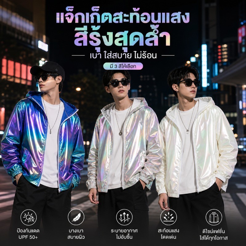 FM🌸แจ็กเก็ตกันแดดชายสไตล์เกาหลี 2025 มีฮู้ด สีสะท้อนแสง กันUV50+ ส่งเร็วจากไทย