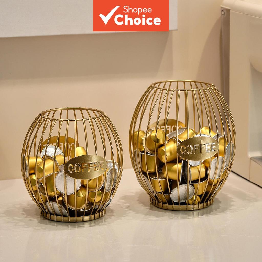 ที่ใส่แคปซูลกาแฟโลหะสีทอง ดีไซน์กรง รูปทรงตะกร้า สําหรับแคปซูลกาแฟ Nespresso และ Dolce Gusto ช่วยจัดระเบียบครัว