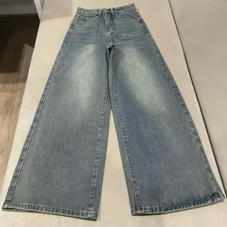 #1989 (XS-6XL) jinjeans กางเกงทรงขากระบอกใหญ่ Baggy สาวอวบ ทรงหลวม ขาบาน เอวสูง (Blue Vintage )