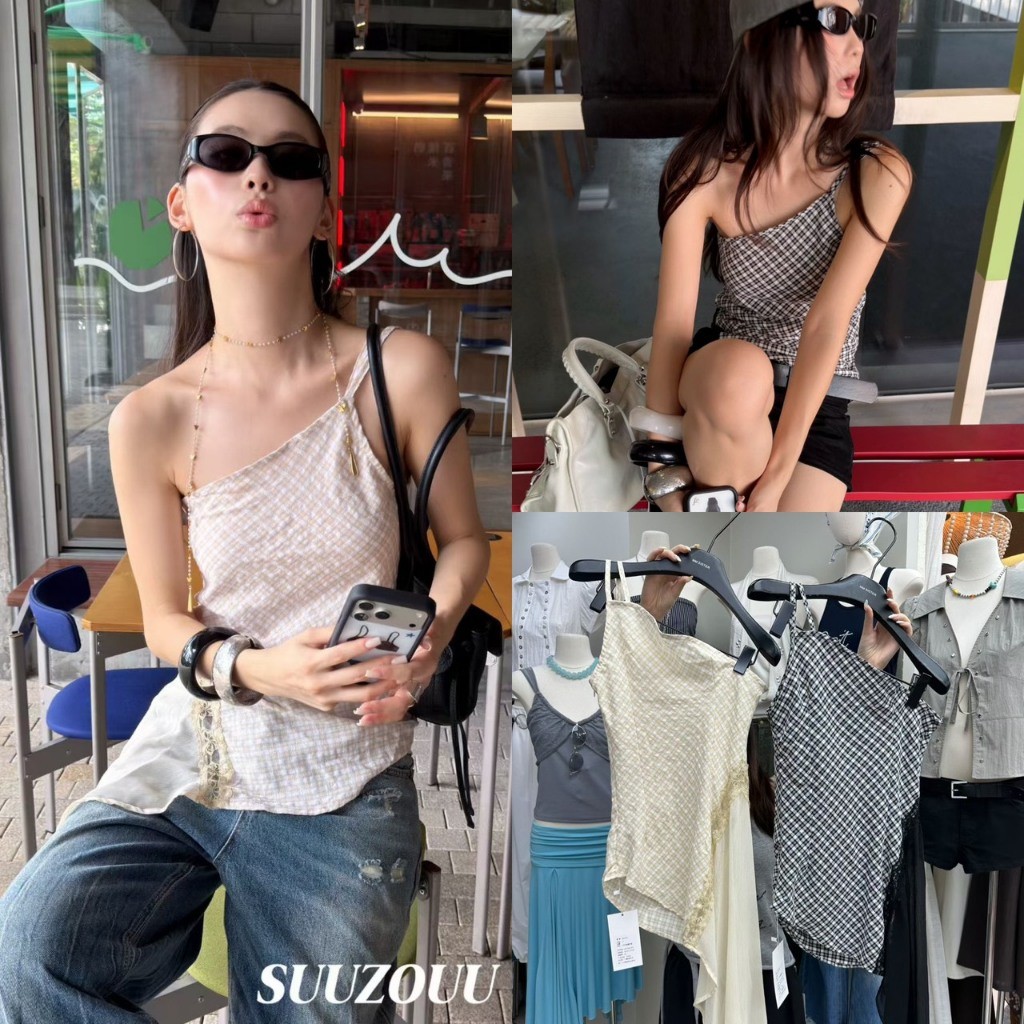 ❤ 🧵 🇰🇷 SU279 เสื้อเฉียงไหล่ผู้หญิง ลายตาราง Gingham ชายเสื้อแต่งเฉียง สไตล์เกาหลี แฟชั่นเกาหลี TAG MM Fish 🧡
