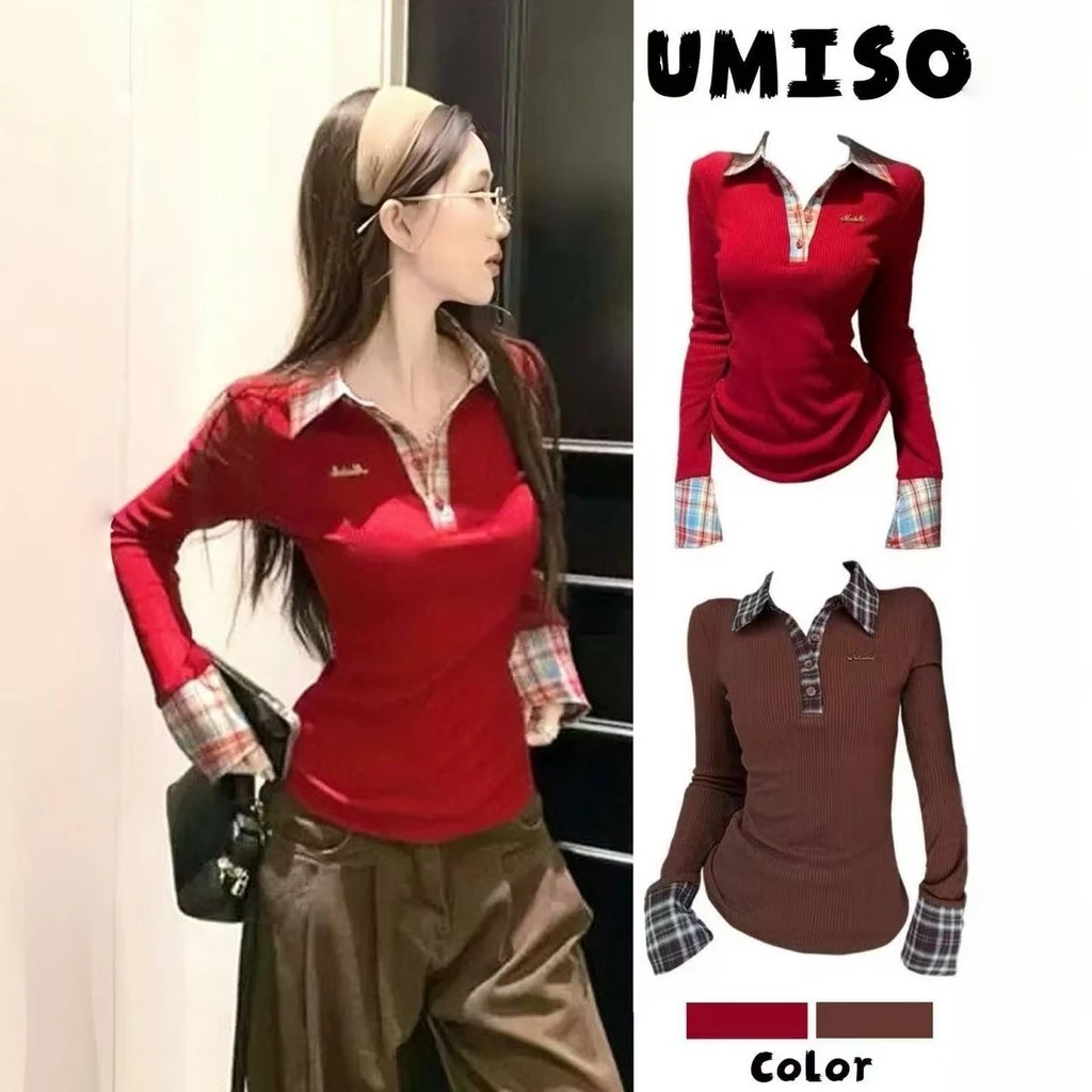 ส่งจากไทยทุกวัน คอวี เสื้อยืดผู้หญิง แขนยาว คอโปโล ทรงเข้ารูป 2สี UMISO