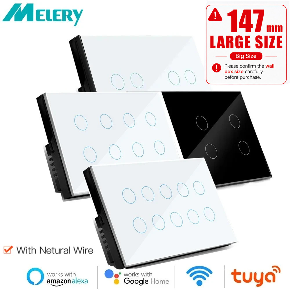 Melery Wifi สมาร์ท Touch Light Wall Switch Interruptor แผงแก้ว 8 Gang 147*86 มม.Tuya App SmartLife ใช้งานร่วมกับ Alexa Google Home Assistant