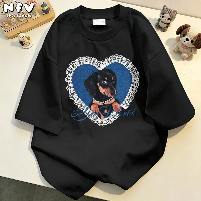NFV แฟชั่นเกาหลี ระบายอากาศ ใส่สบาย เสื้อยืดแขนสั้นคอกลม ทรงหลวม ลายหมาน้อยน่ารัก ผ้าฝ้าย100% YG1311