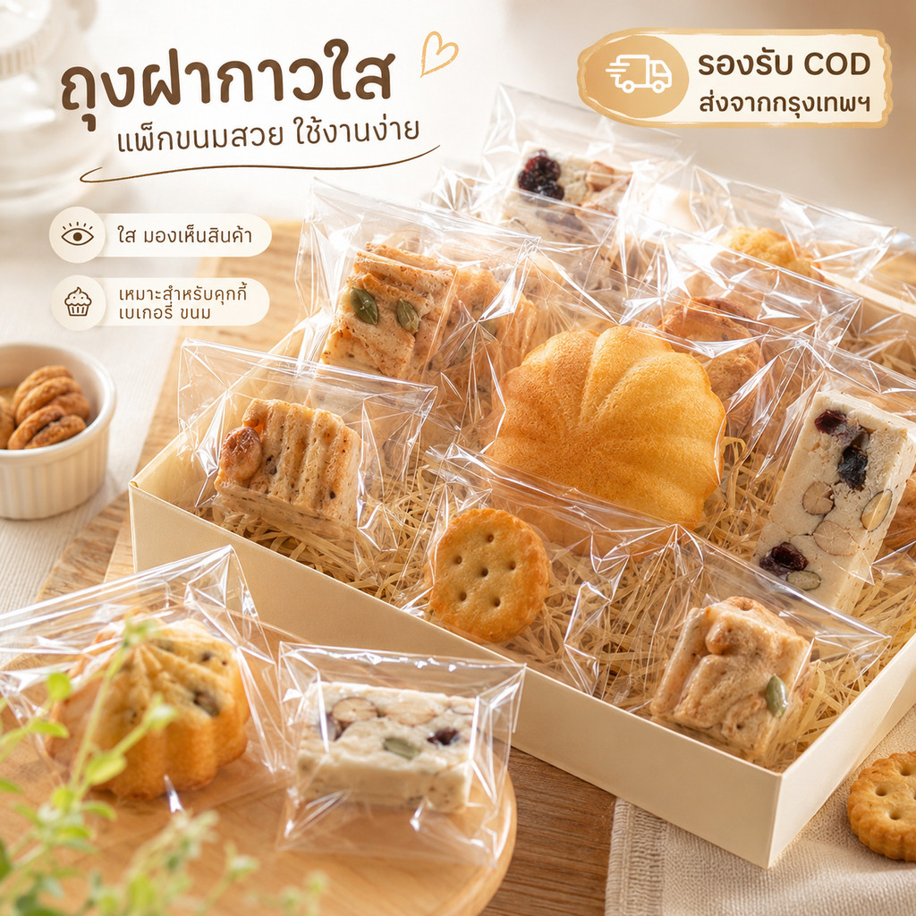 ถุงฝากาวใส 100 ใบ/แพ็ค ถุงคุกกี้ ถุงเบเกอรี่ ถุงขนม ถุงขนมปัง ถุงแพ็คขนม กาวในตัว ราคาส่ง