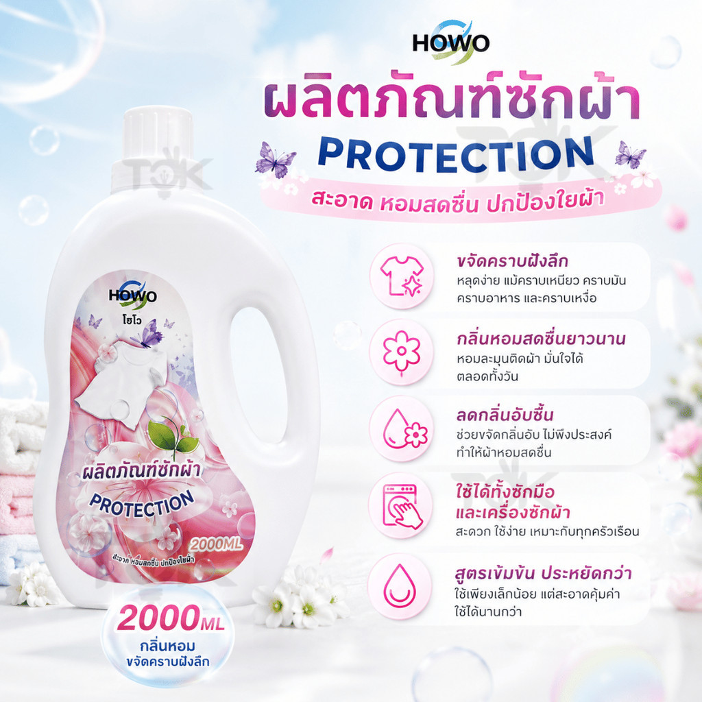HOWO น้ำยาซักผ้าสูตรเข้มข้น 2000ml. ซักสะอาด หอมสดชื่น ลดกลิ่นอับชื้น ใช้ได้ทั้งซักมือและเครื่องซักผ