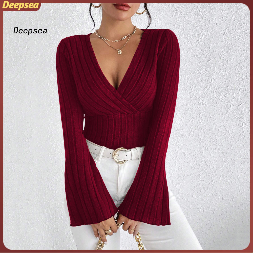 DPA ผู้หญิงs V คอ Slim Fit ถัก Top Flared เสื้อแขนยาวสําหรับฤดูใบไม้ร่วงฤดูหนาวสีทึบสไตล์ชุดลําลองสบ