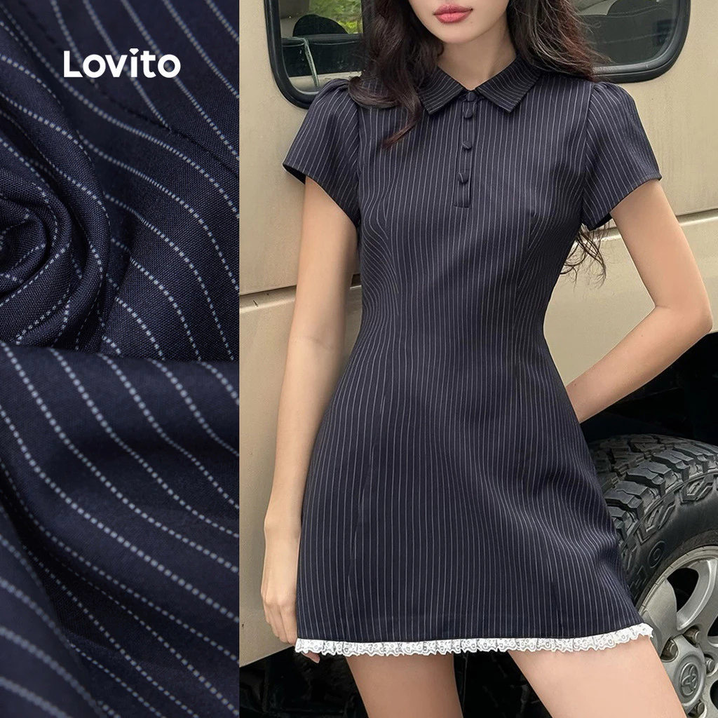 Lovito สง่างาม ชุดเดรสผู้หญิงแบบกระดุมลูกไม้ สีกรมท่าสำหรับฤดูใบไม้ผลิ/ฤดูร้อน เกาหลี อินเทรนด์ L151AD311