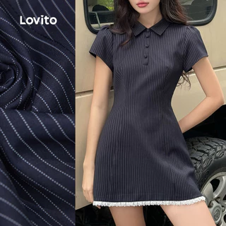 Lovito สง่างาม ชุดเดรสผู้หญิงแบบกระดุมลูกไม้ สีกรมท่าสำหรับฤดูใบไม้ผลิ/ฤดูร้อน เกาหลี อินเทรนด์ L151AD311