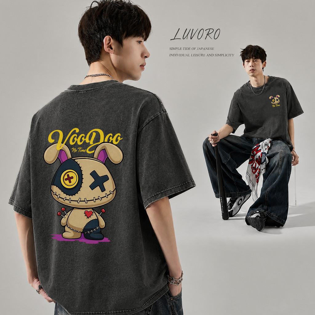 (COD) LUVORO T-Shirt ลาย เนื้อผ้านุ่มระบายอากาศดี ผู้ชายเสื้อยืด ฟอก วินเทจคอกลมแขนสั้น Oversize เสื้อยืดผ้าฟอก C2000 VT