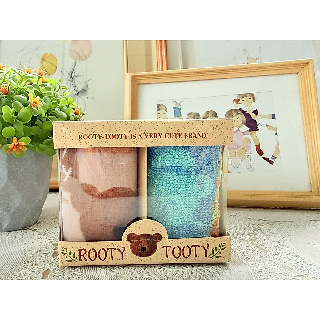 ROOTY-TOOTY ชุดผ้าเช็ดหน้าขนกนูผืนเล็ก 2 ผืน cotton 100%  ลสยน้องหมีน่ารัก กว้าง/ยาว 8.4 นิ้ว ใหม่ ม