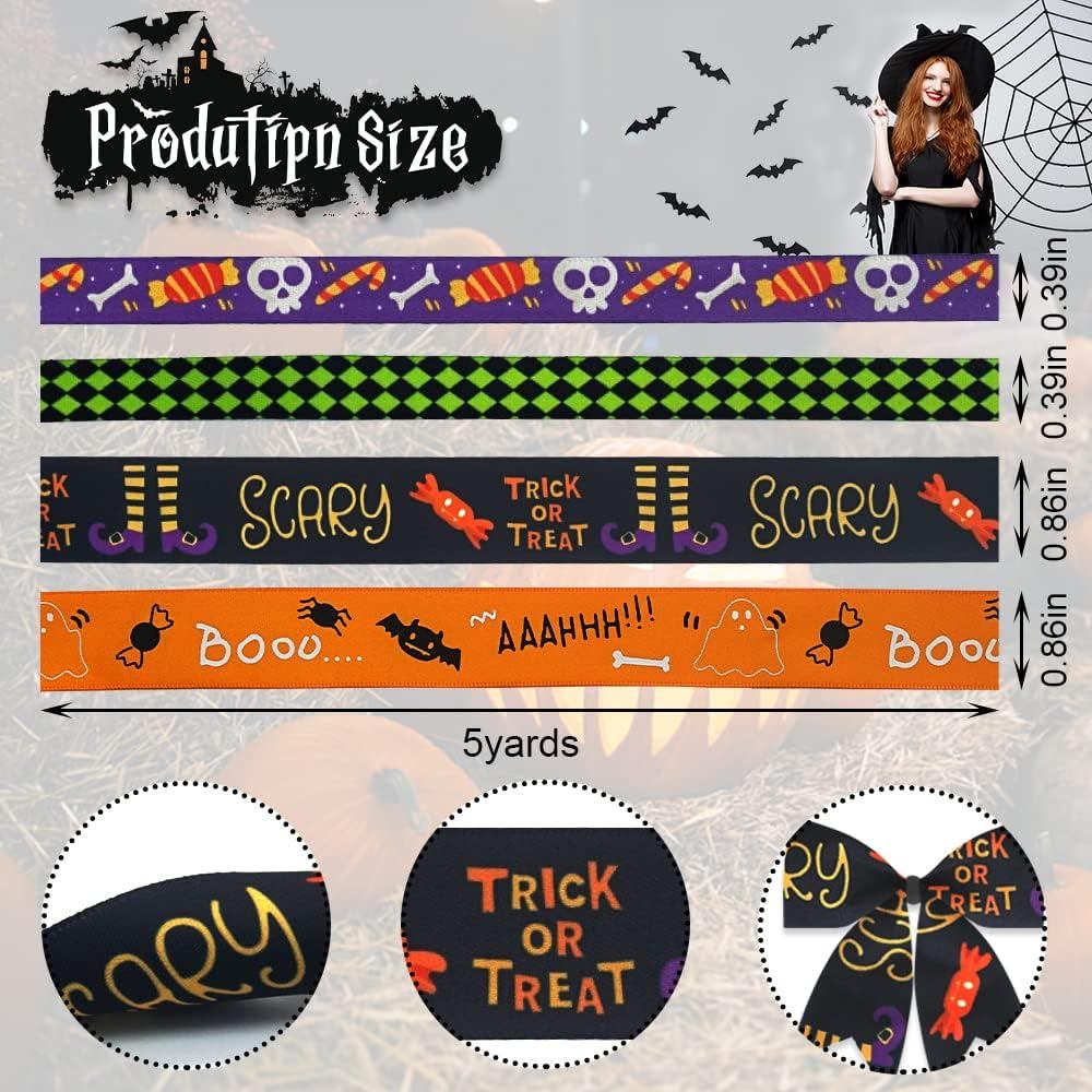 Hying 4 ม้วนริบบิ้นฮาโลวีนสําหรับงานฝีมือ Bows ห่อของขวัญริบบิ้นสีดําสีส้ม Candy Skull ริบบิ้นสําหรั