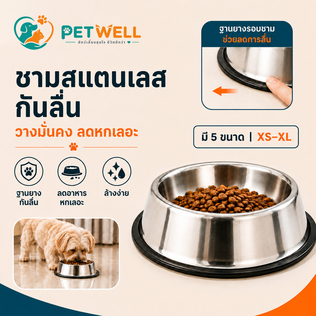 ชามใส่อาหารสัตว์เลี้ยงสแตนเลส PETWELL ชามอาหารและน้ำสำหรับสุนัข/แมว ผลิตจากเหล็กไม่เป็นสนิม หนา กันลื่น