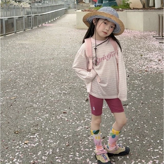 PRETTY BABY เสื้อแขนยาวเด็ก เสื้อยืดตอกลม ทรงโอเวอร์ไซส์ ลายขวาง (2337)