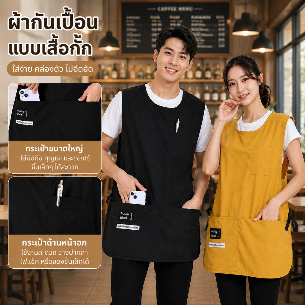 เสื้อกั๊กผ้ากันเปื้อน ไนลอนกันน้ำ แขนกุด ระบายอากาศ สำหรับบาริสต้า ร้านกาแฟ ร้านอาหาร ชุดทำงาน