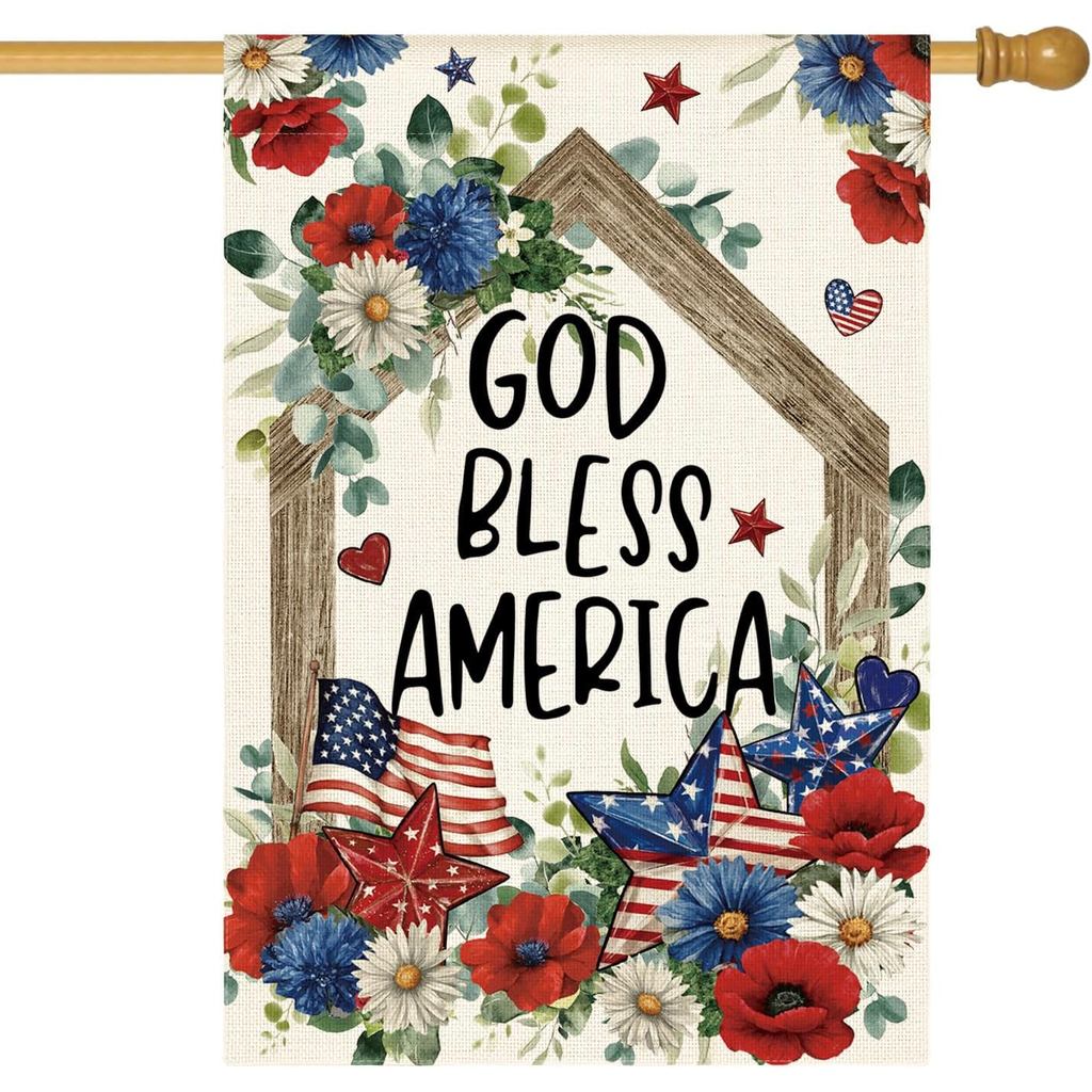 AVOIN colorlife Patriotic 4th of July House Flag 28x40 นิ้วสองด้านด้านนอก,ดอกไม้ Memorial Day God Bl