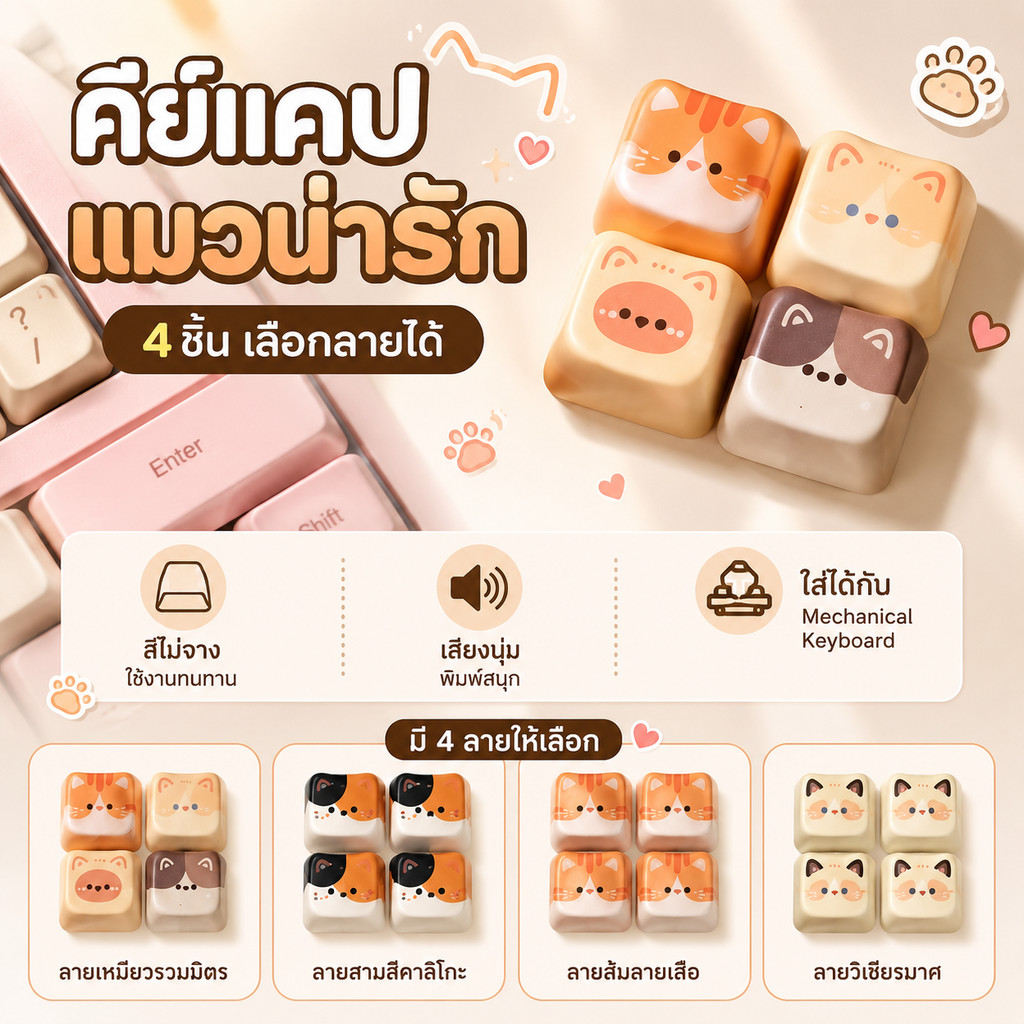 COD คีย์แคปแมวน่ารัก 4 ชิ้น PBT รองรับ MX เสียงกด ASMR แต่งคีย์บอร์ด Mechanical Keyboard