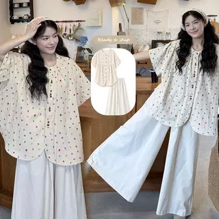 mimi-เซต 2 ชิ้นดทันสมัยสำหรับผู้หญิง สวมใส่สบาย ประกอบด้วยเสื้อเชิ้ตคอกลมลายจุดและกางเกงขายาวขากว้างทรงหลวม#99540+41