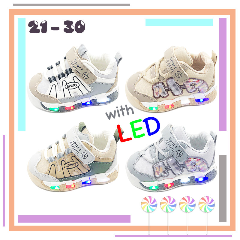 CSMY Baby & Kids LED Rock Sport Shoes Khaki Grey Viral Shoes Casual Rubber Twins Selipar Kasut Budak