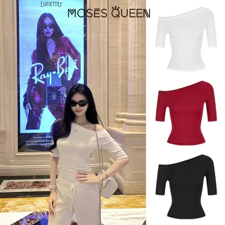 MOSESQUEEN โมเสสควีน เสื้อยืดแขนสั้นไม่มีแขนสําหรับผู้หญิงในฤดูร้อนที่มีความยาวกลางขนาดห้านิ้วเปิดไหล่และเสื้อท็อปครึ่งแขนที่ติดตั้ง #63966