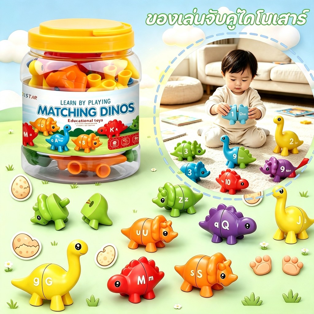 ของเล่นจับคู่ไดโนเสาร์ เรียนรู้ตัวเลขและภาษาอังกฤษ ของเล่นเสริมพัฒนาการเด็ก พร้อมกล่องเก็บ