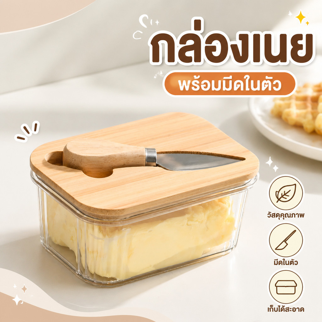 กล่องเก็บเนย(Butter) กล่องเก็บเนย PET ฝาไม้ไผ่ พร้อมมีดทาสแตนเลส มีซีลป้องกันกลิ่น มีหลายขนาดให้เลือก