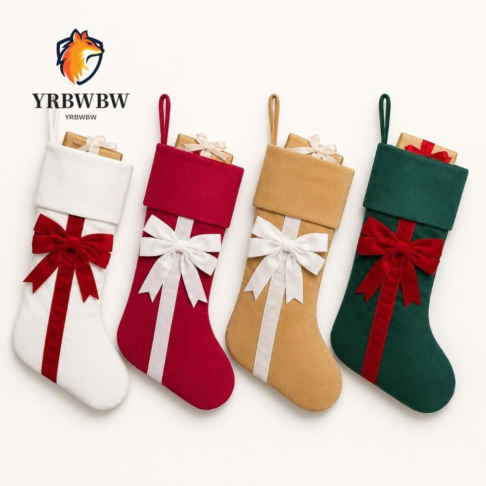 YRBW โบว์กํามะหยี่ Tie Christmas Stocking, พับข้อมือ Holiday Party Christmas Stocking กระเป๋าคริสต์ม