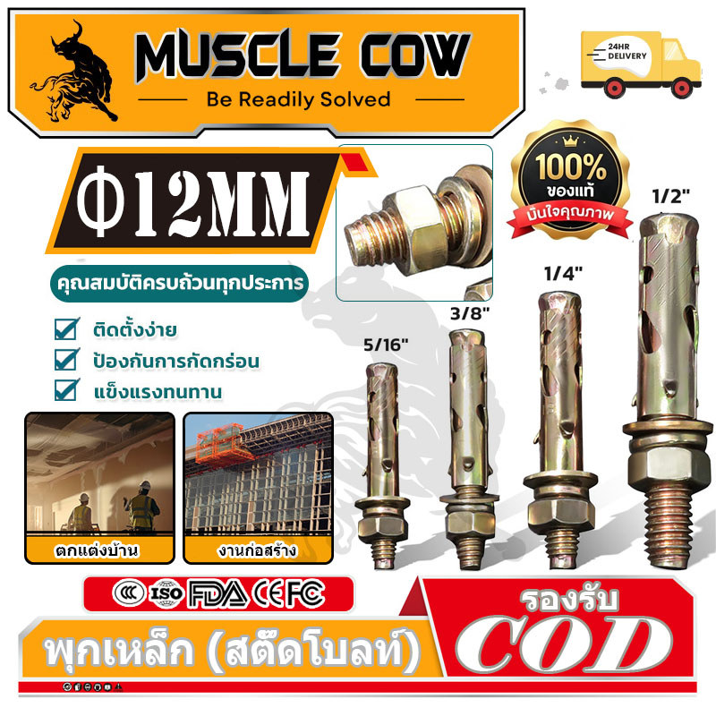 MUSCLE COW พุกเหล็ก (สตั๊ดโบล์ท) ปุ๊กเหล็ก ขนาด 1/4 , 5/16 , 3/8 , 1/2 , ชุบรุ้งป้องกันสนิม หกเหลี่ยม มีเขี้ยว