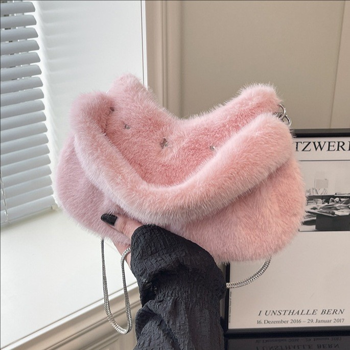 Fresh Sweet Furry Handbag Plush Chain Shoulder Bag All-Match Messenger Bag