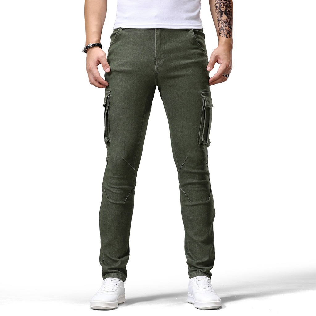 Men Overall Jeans Multi-Pocket Stretch Small Straight Army Green Khaki