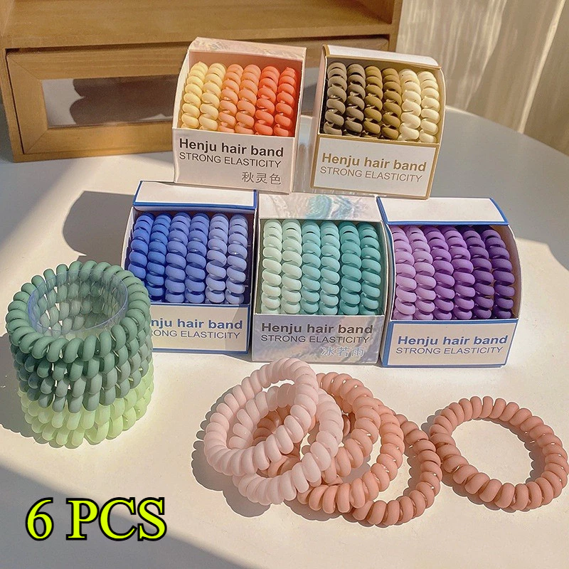 เชือกรัดผมแบบสายโทรศัพท์สีสันสดใส 6 ชิ้น/ชุด เชือกรัดผมแบบไร้รอยต่อ แฟชั่นสำหรับเด็กผู้หญิง ยางรัดผม