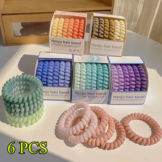 เชือกรัดผมแบบสายโทรศัพท์สีสันสดใส 6 ชิ้น/ชุด เชือกรัดผมแบบไร้รอยต่อ แฟชั่นสำหรับเด็กผู้หญิง ยางรัดผม