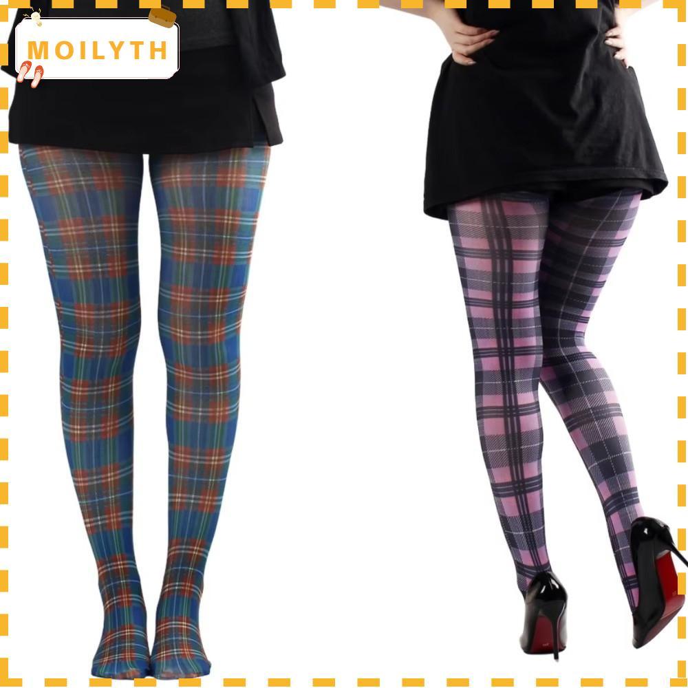 MOILYTH พิมพ์ Tights, สีแดงสีม่วงสีฟ้าคลาสสิก Tartan ผู้หญิง Pantyhose, แฟชั่น Semi-Opaque สก๊อตตรวจ