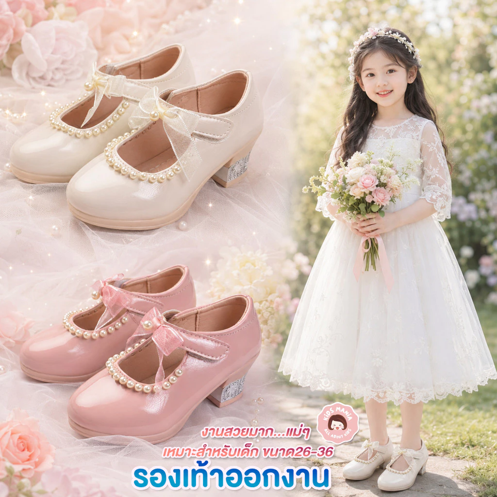 รองเท้าเด็กผู้หญิงออกงาน รองเท้าคัทชูส้นสูงเด็ก แต่งไข่มุกโบว์หวาน สีชมพูครีม ใส่งานแต่ง วันเกิด เจ้าหญิง งานโรงเรียน