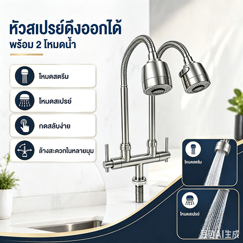 ก๊อกอ่างสเเตนเลส304  ก๊อกอ่างซิงค์ยืน2หัว  2-ใน-1 คอโค้ง ก๊อกอ่างล้างจานคอ โค้งปรับระดับได้