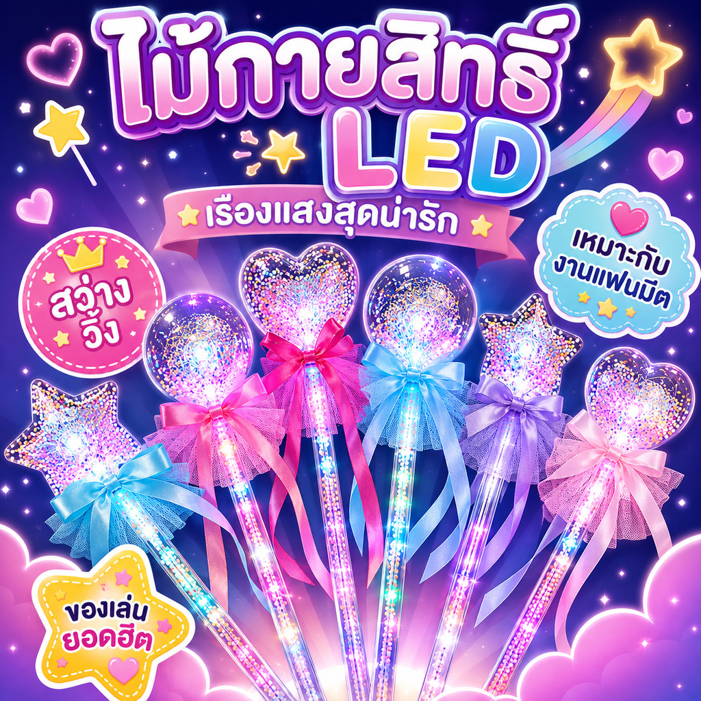 [ส่งไวจากไทย] ไม้คทามีไฟ LED ลายดาว/หัวใจ/ทรงกลม ด้ามใสใส่เม็ดโฟมสี สดใสน่ารัก งานตรงปก ไม้คทามีไฟกระพริบ คทาเจ้าหญิง