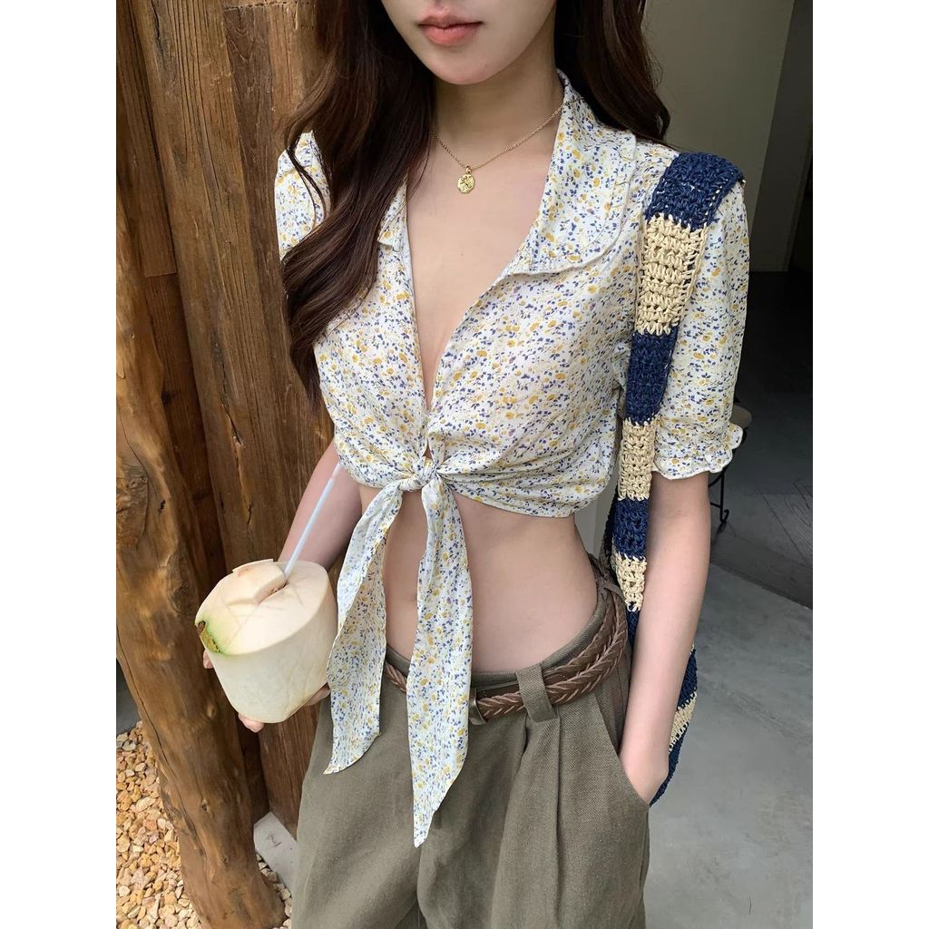 2026 Mint Mambo Wear Slim-fit Slimmer Look Floral Short chic Lace-up T-shirt Slimmer Look All-match 