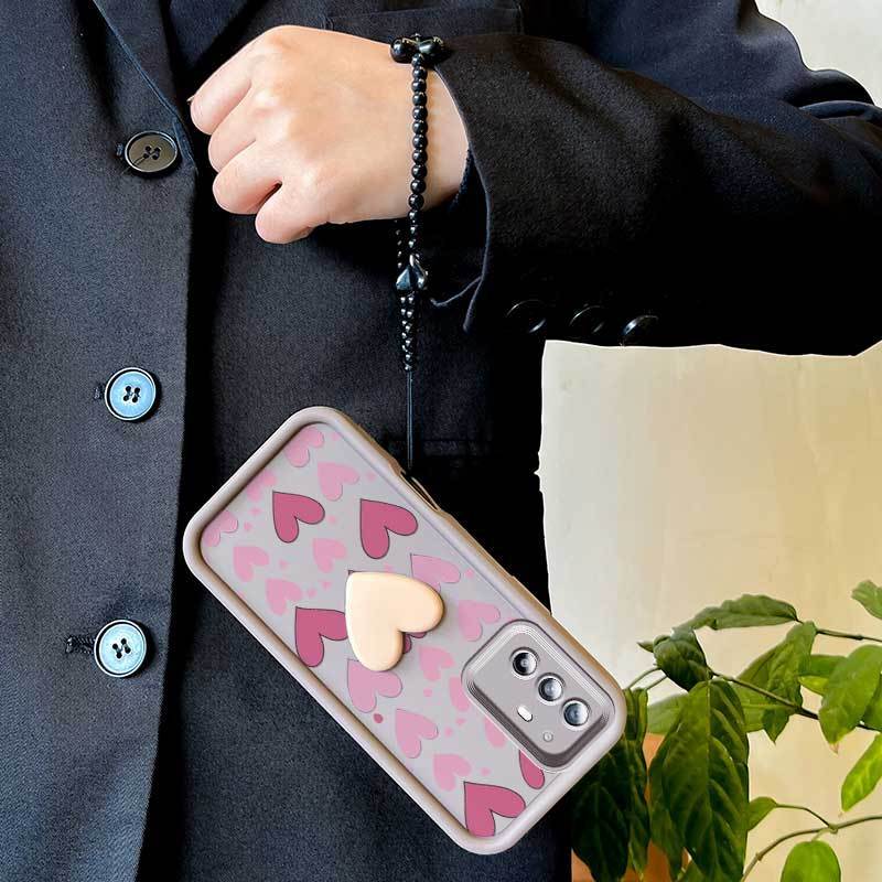 3 ชิ้น (เคสโทรศัพท์หัวใจสีชมพูน่ารัก + Lanyard + Craft Embellishments) เหมาะสําหรับ OPPO Reno5 Z/Ren